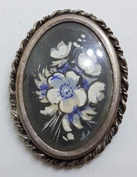 Sterling Silver Painted Floral Oval Brooch