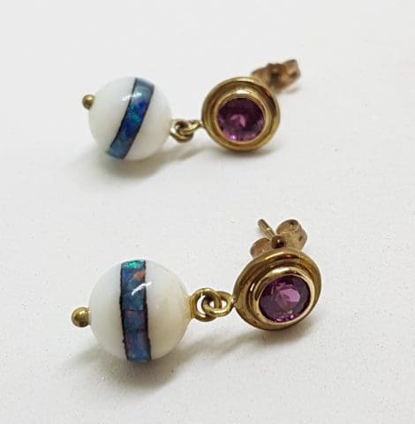 9ct Yellow Gold Rhodolite Garnet with Agate and Opal Inlay Handmade Ball Drop Earrings