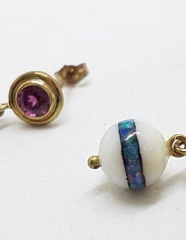 9ct Yellow Gold Rhodolite Garnet with Agate and Opal Inlay Handmade Ball Drop Earrings