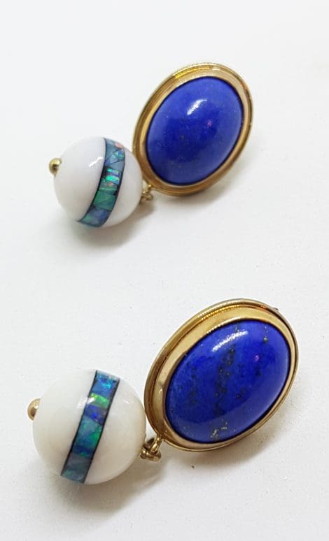 9ct Yellow Gold Lapis Lazuli with Agate and Opal Inlay Handmade Ball Drop Earrings