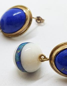 9ct Yellow Gold Lapis Lazuli with Agate and Opal Inlay Handmade Ball Drop Earrings