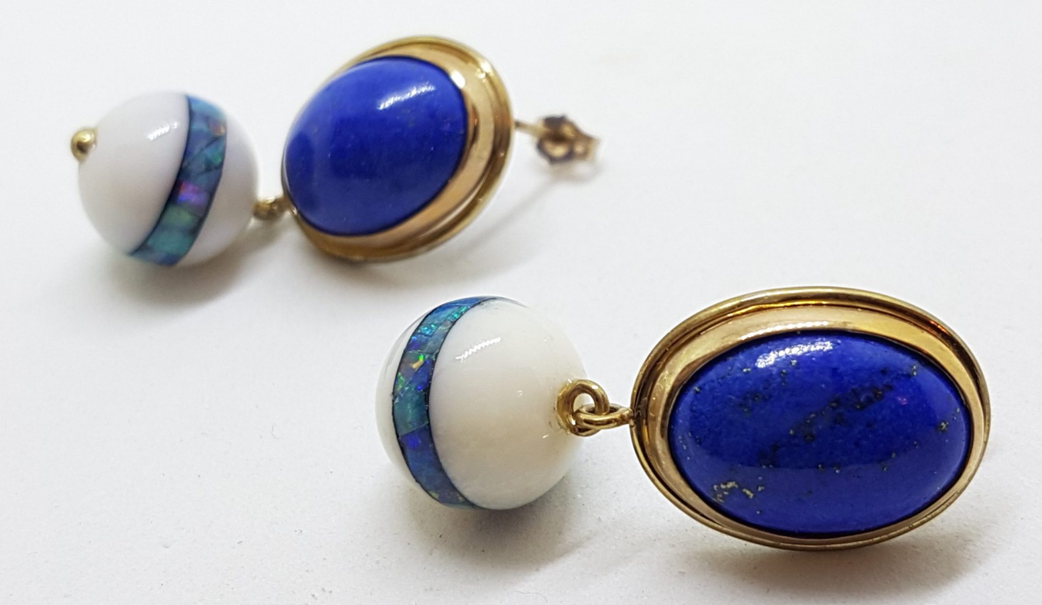 9ct Yellow Gold Lapis Lazuli with Agate and Opal Inlay Handmade Ball Drop Earrings