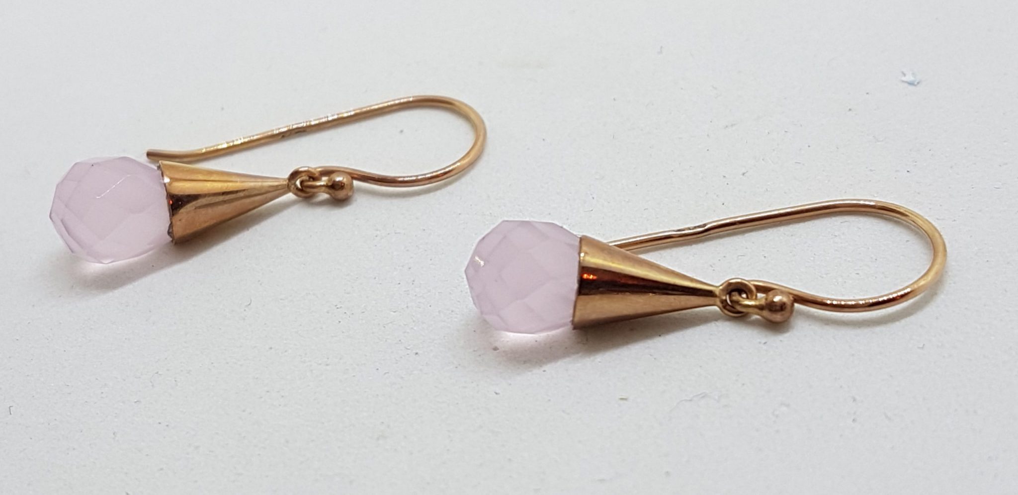 20200630_233040 9ct Rose Gold Rose Quartz Ball in Cone Drop Earrings