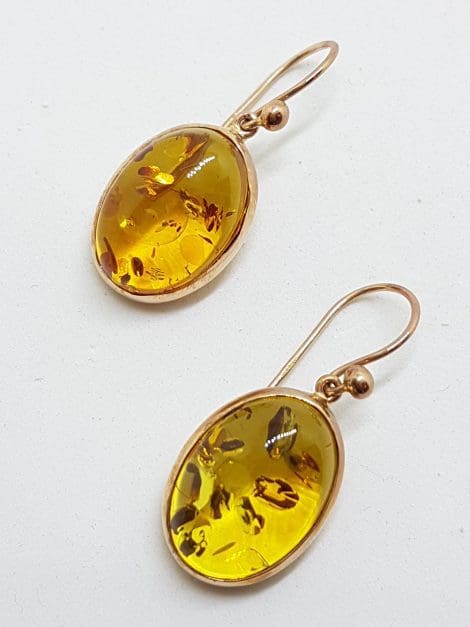 9ct Rose Gold Natural Baltic Amber Large Oval Drop Earrings