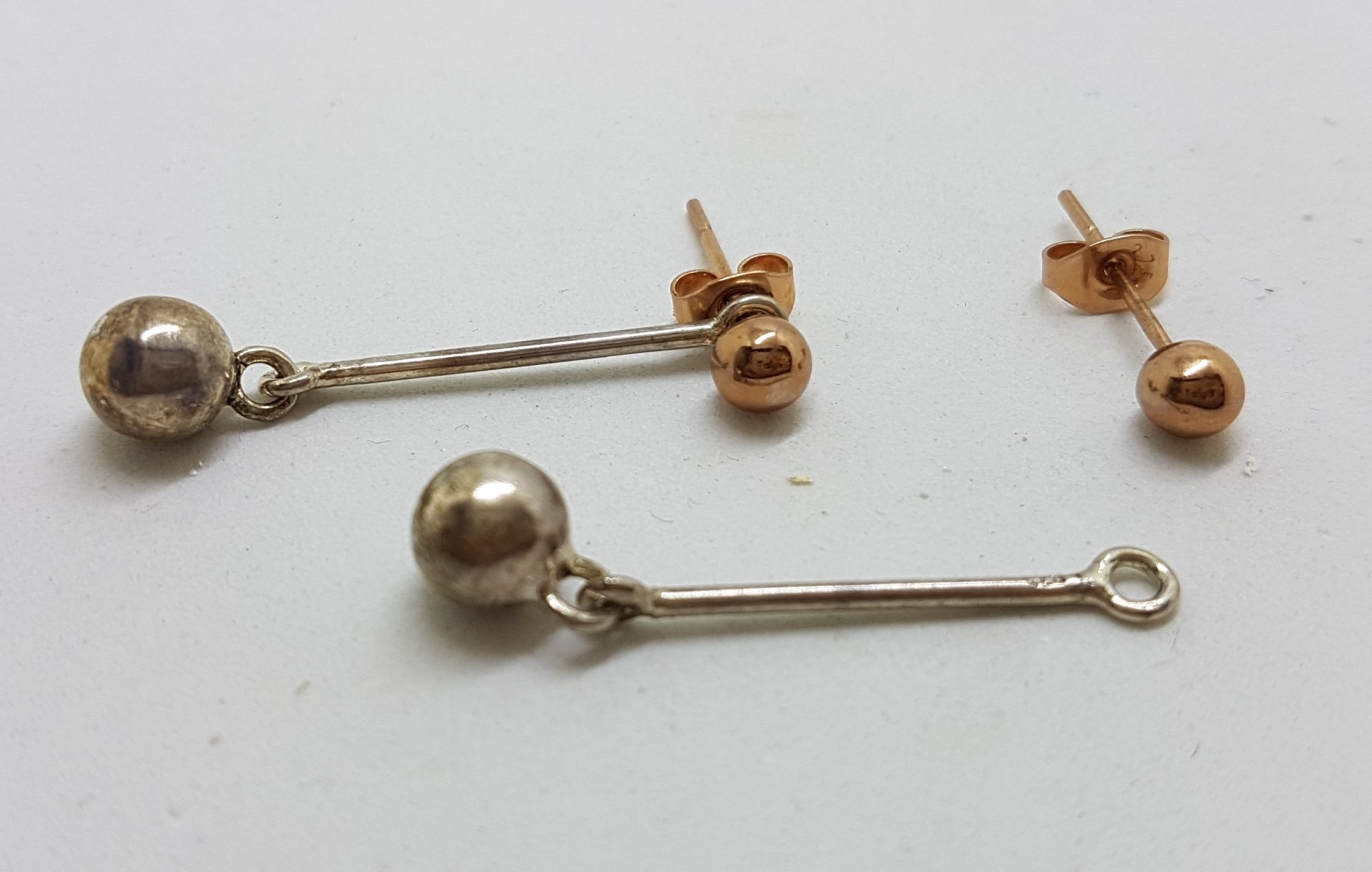 9ct Rose Gold with Sterling Silver Long Ball Drop Stud Earrings - 2 in 1