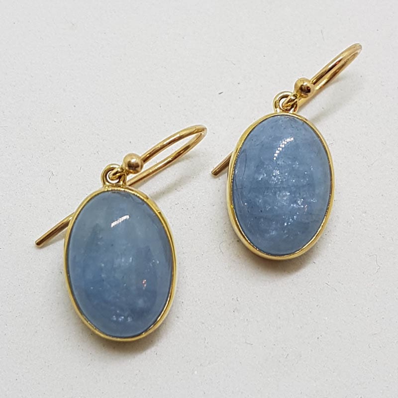 9ct Yellow Gold Aquamarine Cabochon Oval Drop Earrings