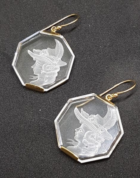 9ct Yellow Gold Carved Quartz Octagonal Large Cameo Drop Earrings