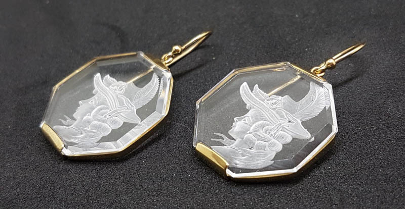 9ct Yellow Gold Carved Quartz Octagonal Large Cameo Drop Earrings