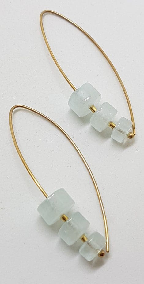 9ct Yellow Gold Long Aquamarine Drop Earrings