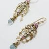 9ct Yellow Gold Ornate Topaz, Pink Tourmaline and Pearl Filigree Drop Long Earrings - Chandelier