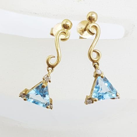 9ct Yellow Gold Triangle Blue Topaz with Diamond Drop Earrings