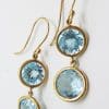9ct Yellow Gold Double Round Blue Topaz Long Drop Earrings