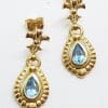 9ct Yellow Gold Blue Topaz with Diamond Ornate Drop Earrings