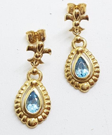 9ct Yellow Gold Blue Topaz with Diamond Ornate Drop Earrings