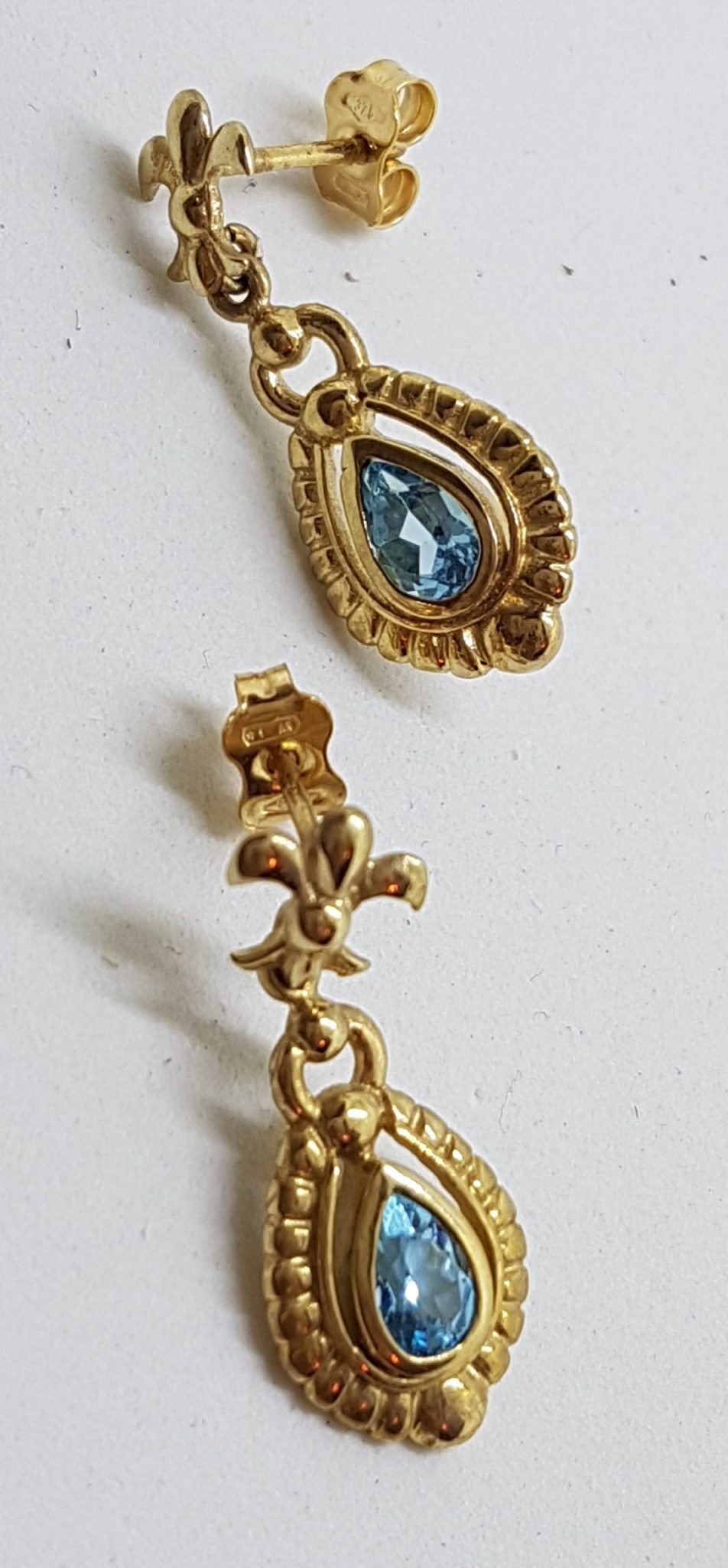 9ct Yellow Gold Blue Topaz with Diamond Ornate Drop Earrings