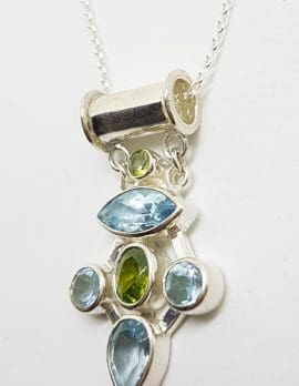 Sterling Silver Topaz and Peridot Cluster Pendant on Silver Chain