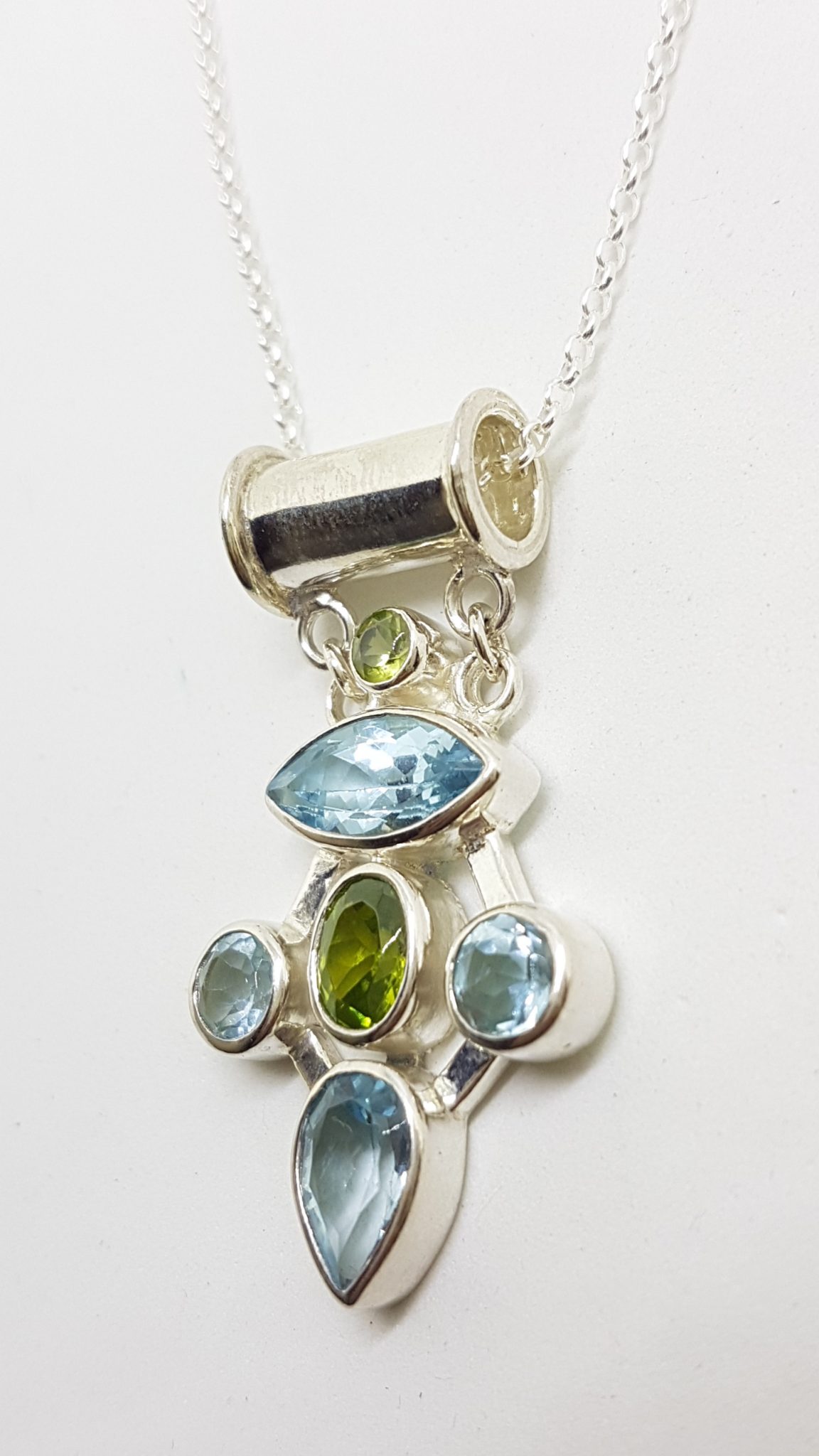 20200707_115222 Sterling Silver Topaz and Peridot Cluster Pendant on Silver Chain