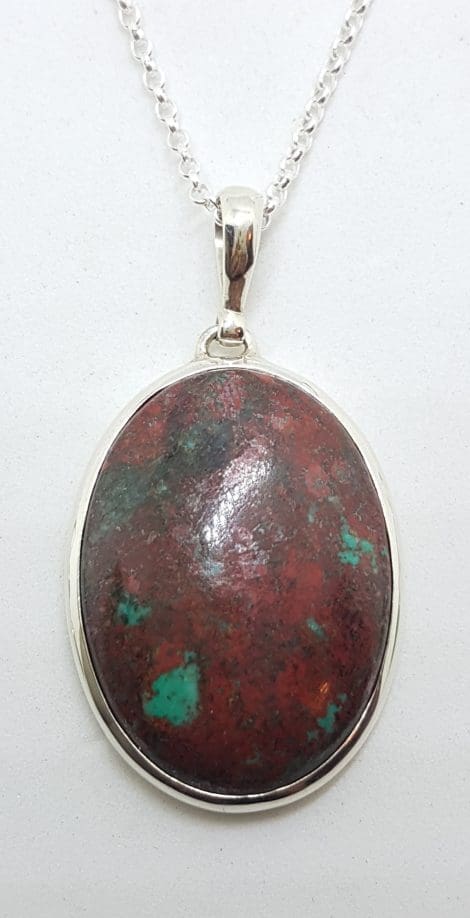 Sterling Silver Large Oval Chrysocolla Cuprite Pendant on Silver Chain