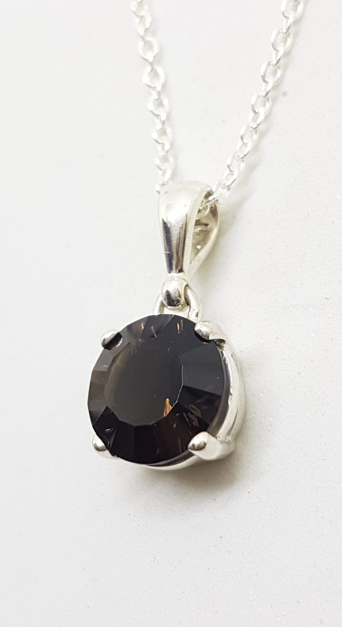 Sterling Silver Round Smokey Quartz Pendant on Silver Chain