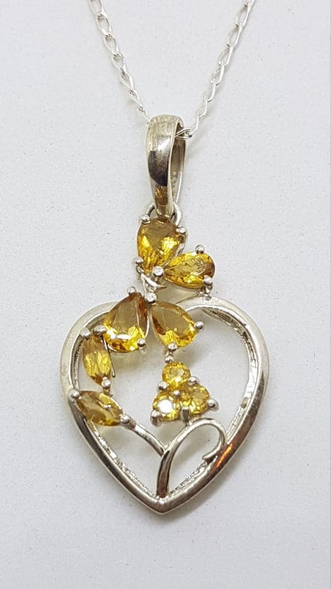 Sterling Silver Ornate Citrine Heart Cluster Pendant on Silver Chain