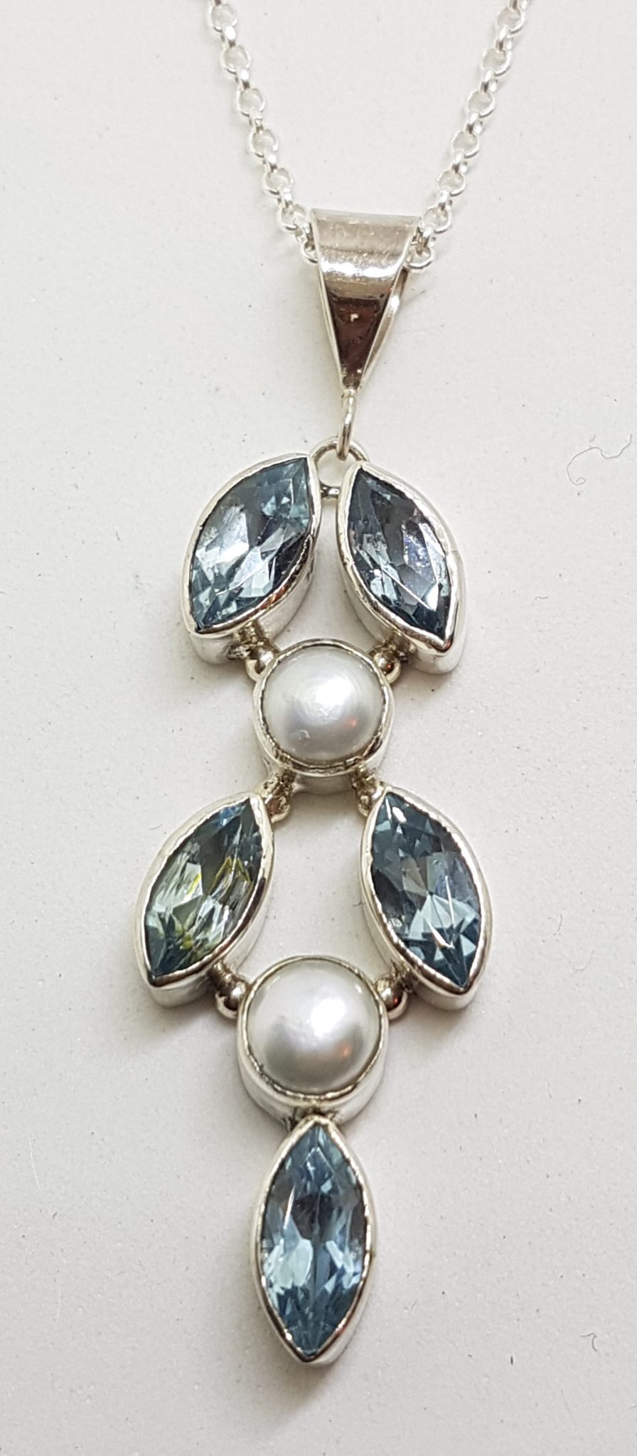 Sterling Silver Long Topaz and Pearl Leaf Pendant on Silver Chain