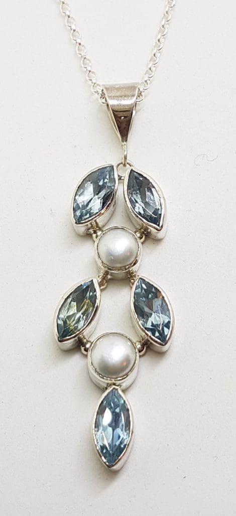 Sterling Silver Long Topaz and Pearl Leaf Pendant on Silver Chain