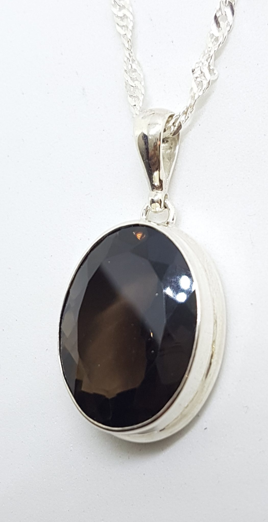 Sterling Silver Oval Smokey Quartz Pendant on Silver Chain