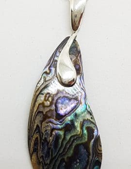 Sterling Silver Long Paua Shell Curved Teardrop Shape Pendant on Silver Chain
