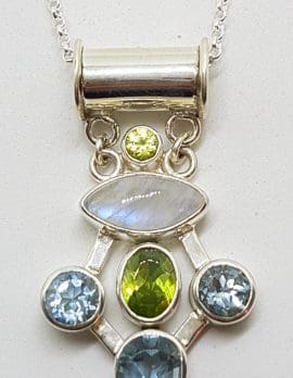 Sterling Silver Topaz, Moonstone and Peridot Cluster Pendant on Silver Chain