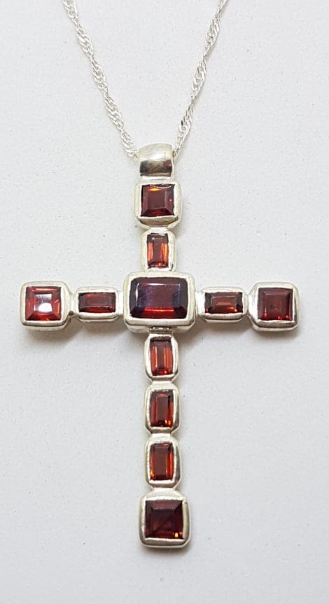 Sterling Silver Large Garnet Cross / Crucifix Pendant on Silver Chain