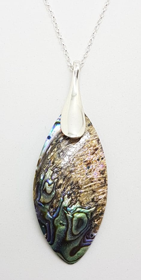 Sterling Silver Long Paua Shell Pendant on Silver Chain
