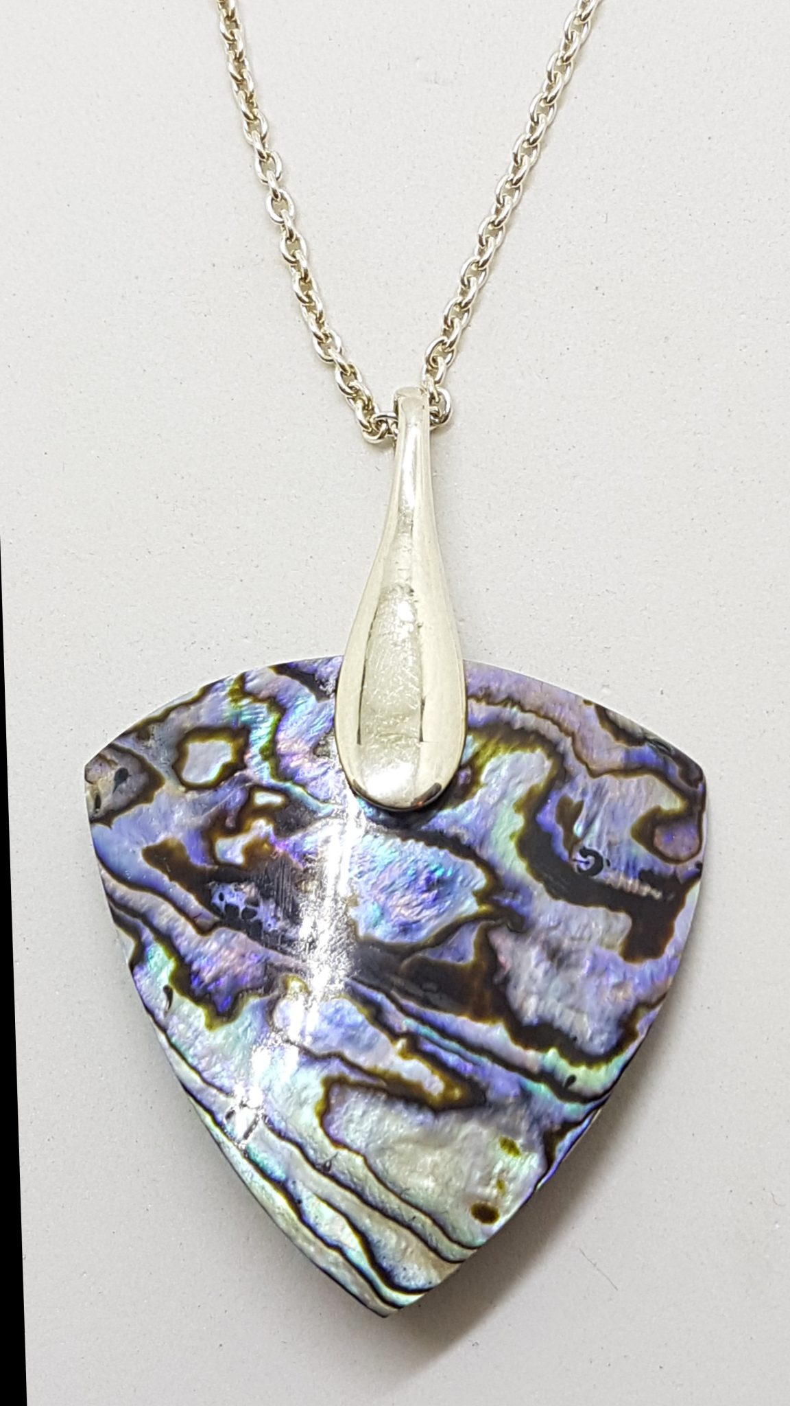 Sterling Silver Large Triangular Paua Shell Pendant on Silver Chain