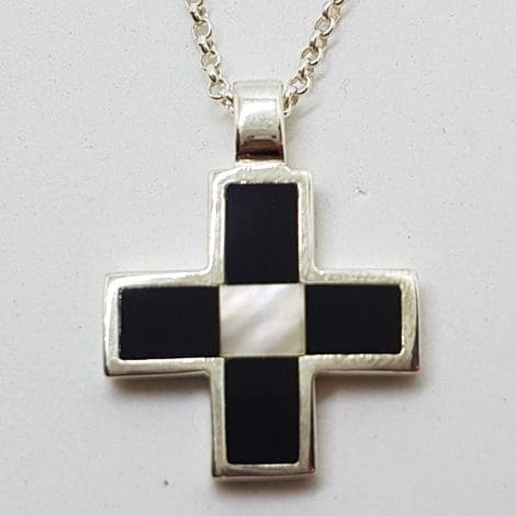 Sterling Silver Mother of Pearl and Onyx Cross / Crucifix Pendant on Silver Chain