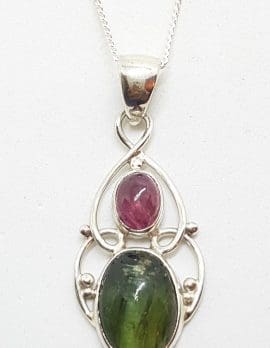 Sterling Silver Pink & Green Ornate Tourmaline Pendant on Silver Chain
