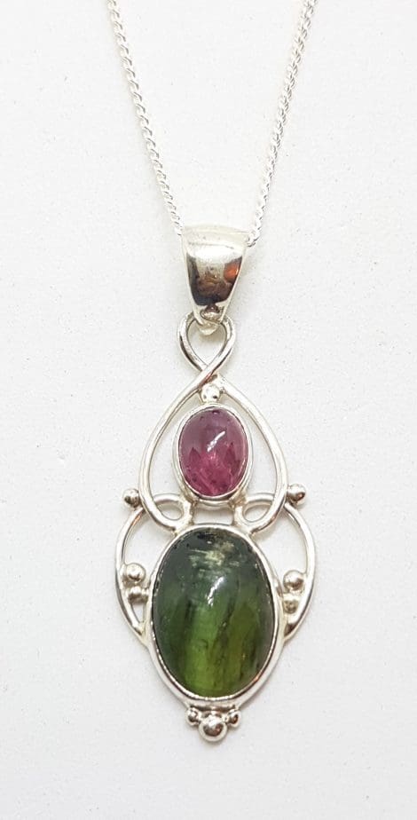 Sterling Silver Pink & Green Ornate Tourmaline Pendant on Silver Chain