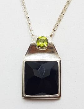 Sterling Silver Square Black Onyx and Peridot Pendant on Silver Chain
