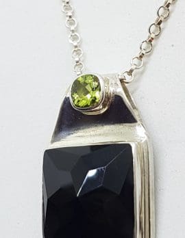 Sterling Silver Square Black Onyx and Peridot Pendant on Silver Chain