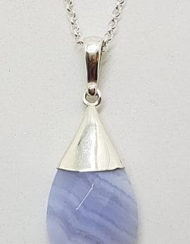 Sterling Silver Teardrop Blue Lace Agate in Cone Pendant on Silver Chain