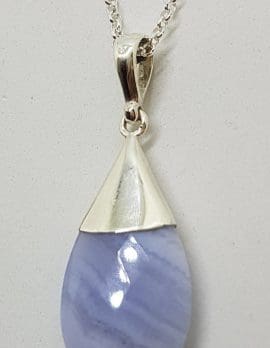 Sterling Silver Teardrop Blue Lace Agate in Cone Pendant on Silver Chain