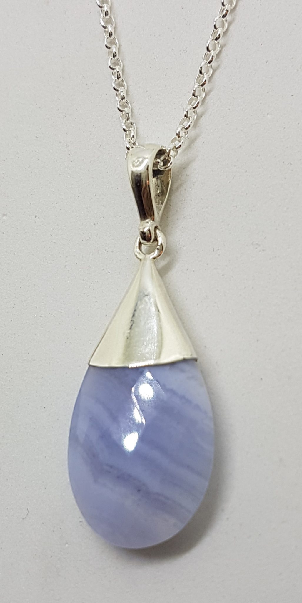 20200707_133009 Sterling Silver Teardrop Blue Lace Agate in Cone Pendant on Silver Chain
