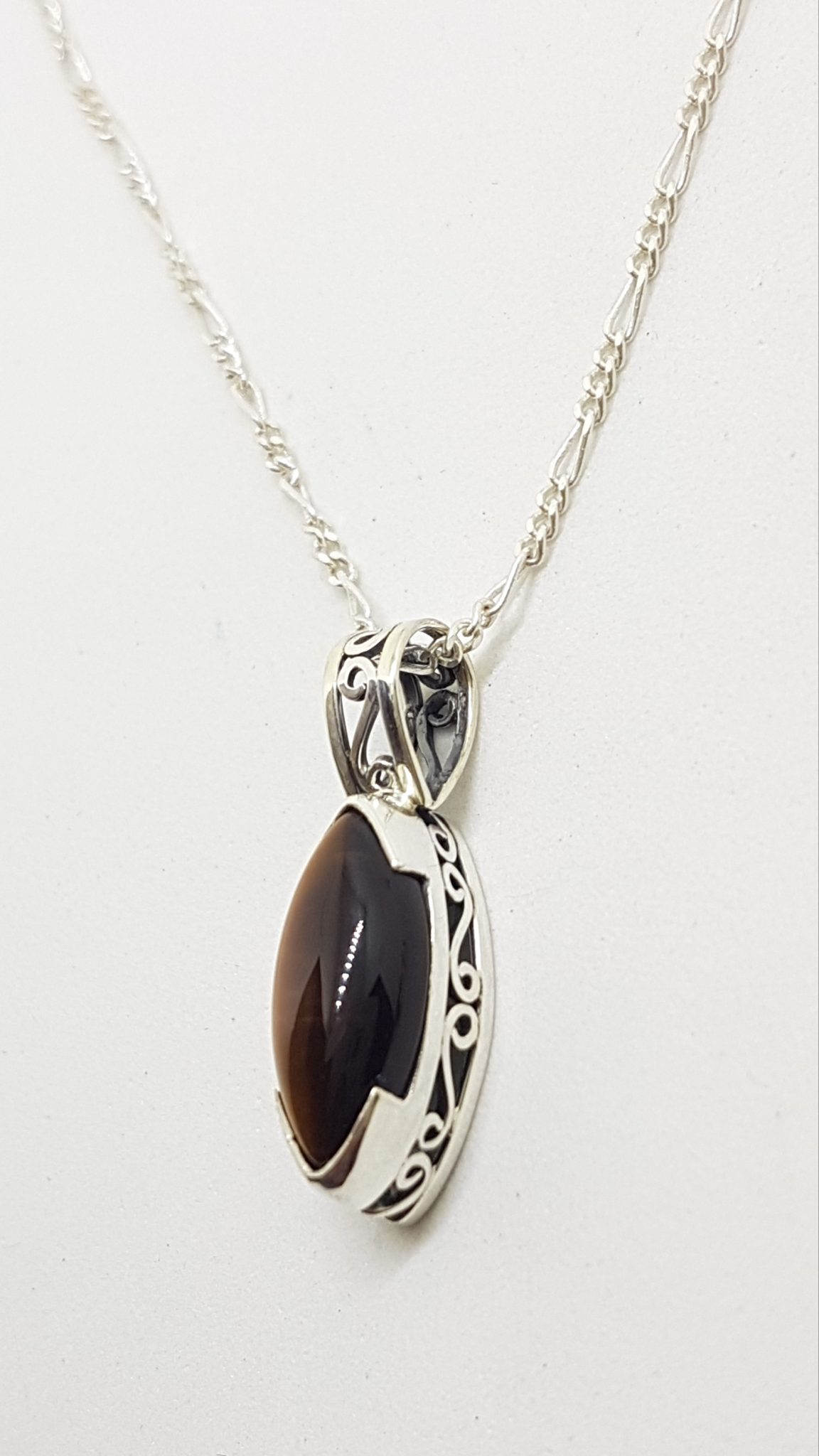 20200707_133114 Sterling Silver Dainty Tiger Eye Filigree Pendant on Silver Chain