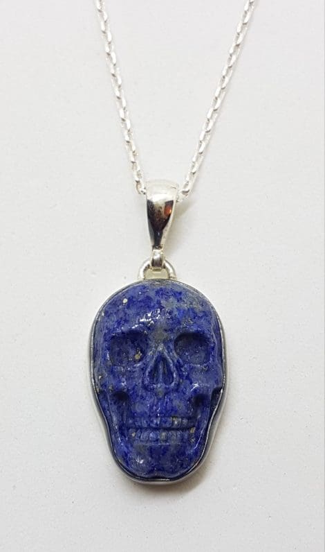 Sterling Silver Lapis Lazuli Skull Pendant on Silver Chain