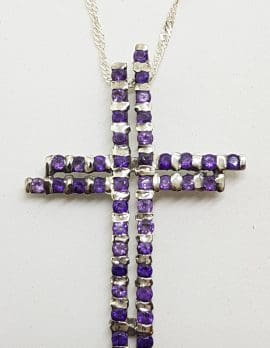 Sterling Silver Large Amethyst Cross / Crucifix Pendant on Silver Chain