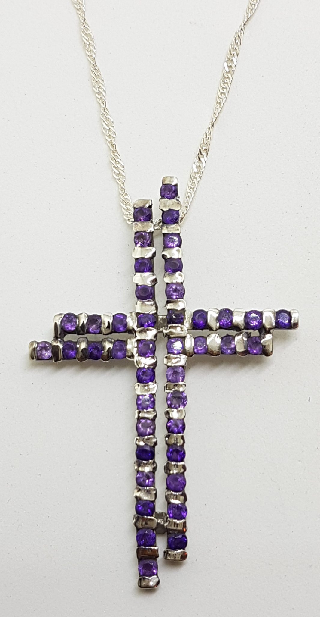 Sterling Silver Large Amethyst Cross / Crucifix Pendant on Silver Chain