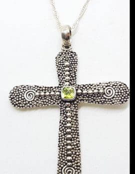 Sterling Silver Large Peridot Cross / Crucifix Pendant on Silver Chain