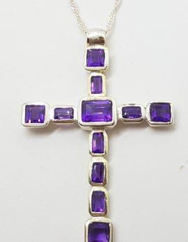 Sterling Silver Large Amethyst Cross / Crucifix Pendant on Silver Chain