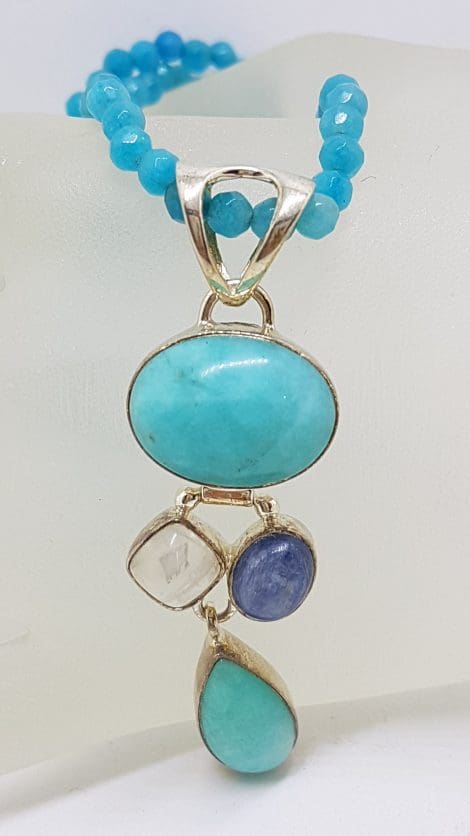Sterling Silver Amazonite, Moonstone and Kyanite Large Pendant on Blue Agate Bead Necklace