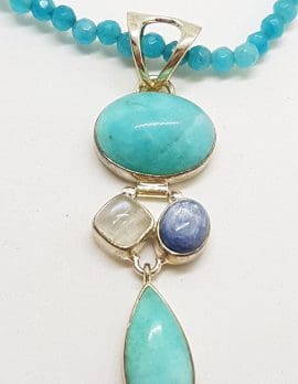 Sterling Silver Amazonite, Moonstone and Kyanite Large Pendant on Blue Agate Bead Necklace