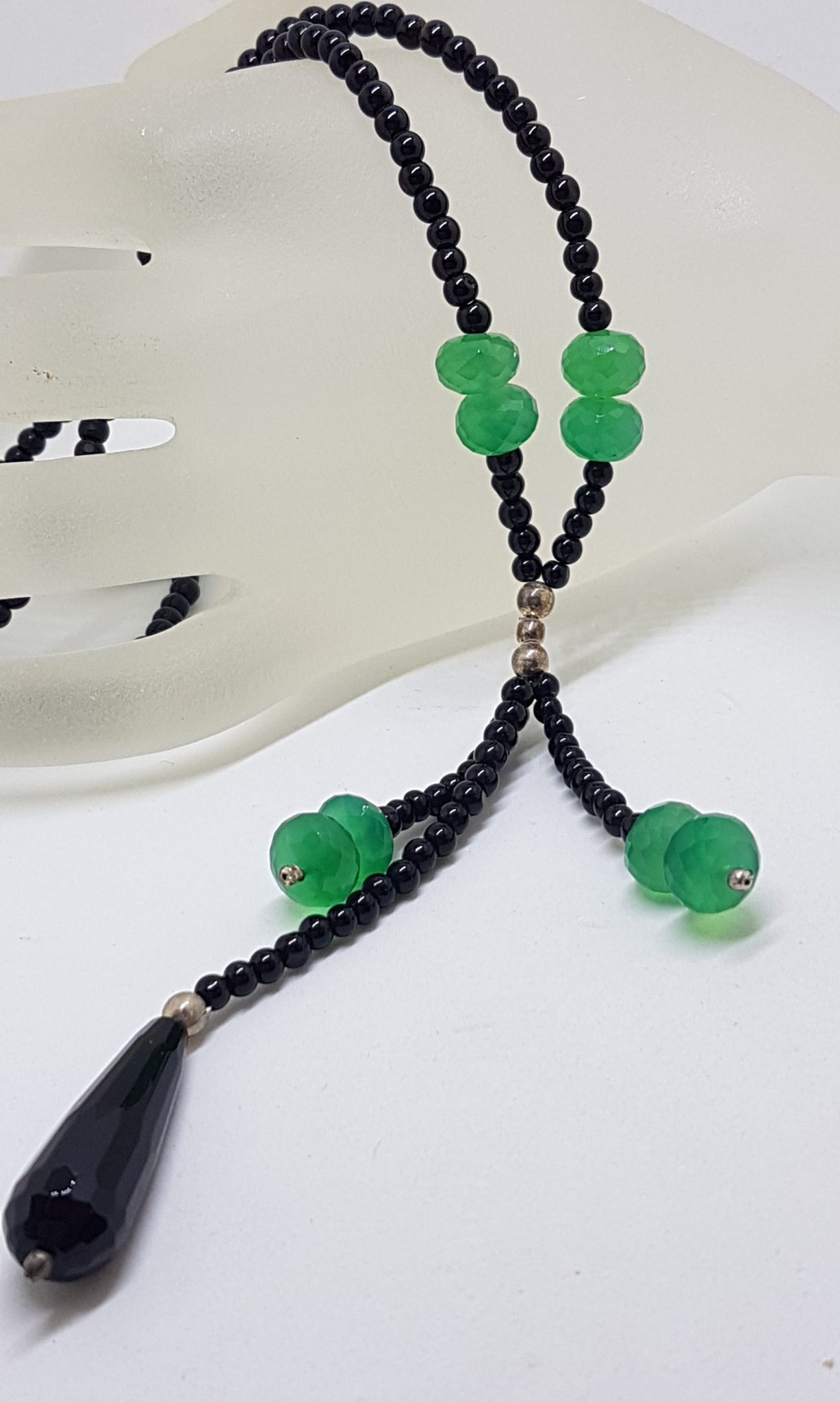 Sterling Silver Green and Black Onyx / Agate Tassel Bead Necklace