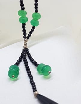 Sterling Silver Green and Black Onyx / Agate Tassel Bead Necklace